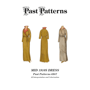 Colorized original artwork for Mid 1910s Dress Sewing Pattern by Butterick, showing raglan bodice, stand-away collar, and clearing-length skirt with circular flounce