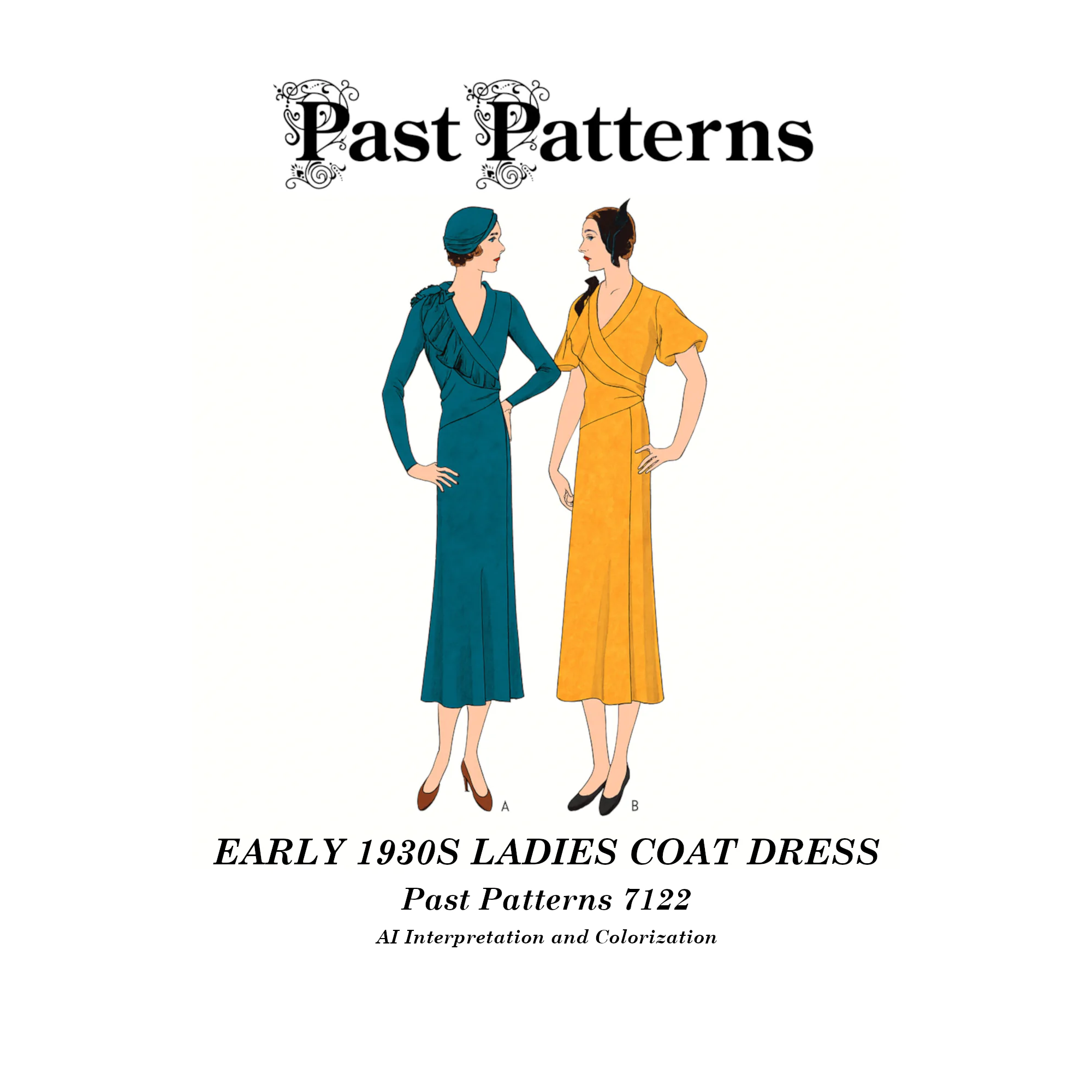Colorized line art for Early 1930s Ladies Coat Dress Sewing Pattern showing surplice neckline, graduated ruffle trim, puff sleeves, and shoulder bow.