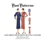 Colorized illustration of a 1930s dress with front button closure sewing pattern showing two tailored day dress variations with long sleeves, bow neckline detail, and belted waist, McCalls 1933 design.