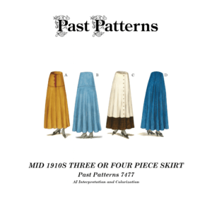 Mid 1910s Three or Four Piece Skirt Sewing Pattern – colorized line art based on the original Butterick 7477 cover showing tailored skirt with optional yoke and trimming band