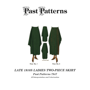 Late 1910s Ladies Two-Piece Skirt Sewing Pattern illustrated with pleated back and optional side section styles from Past Patterns 7947
