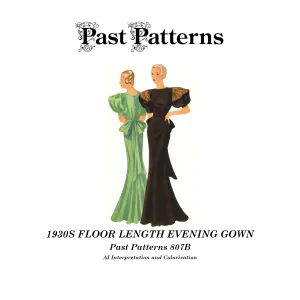 1930s floor length evening gown sewing pattern illustration showing two DuBarry gown variations with fitted bodice, dramatic sleeves, and sweeping skirt