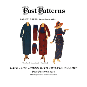 Late 1910s Dress with Two-Piece Skirt Sewing Pattern colorized cover art showing two elegant 1918 dress variations