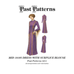 Mid 1910s Dress with Surplice Blouse Sewing Pattern | Past Patterns 8211 Colorized line art for Mid 1910s Dress with Surplice Blouse Sewing Pattern showing drop-shoulder crossover bodice, gathered neck frill, long sleeves, and optional tunic.