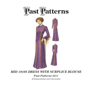Colorized line art for Mid 1910s Dress with Surplice Blouse Sewing Pattern showing drop-shoulder crossover bodice, gathered neck frill, long sleeves, and optional tunic.