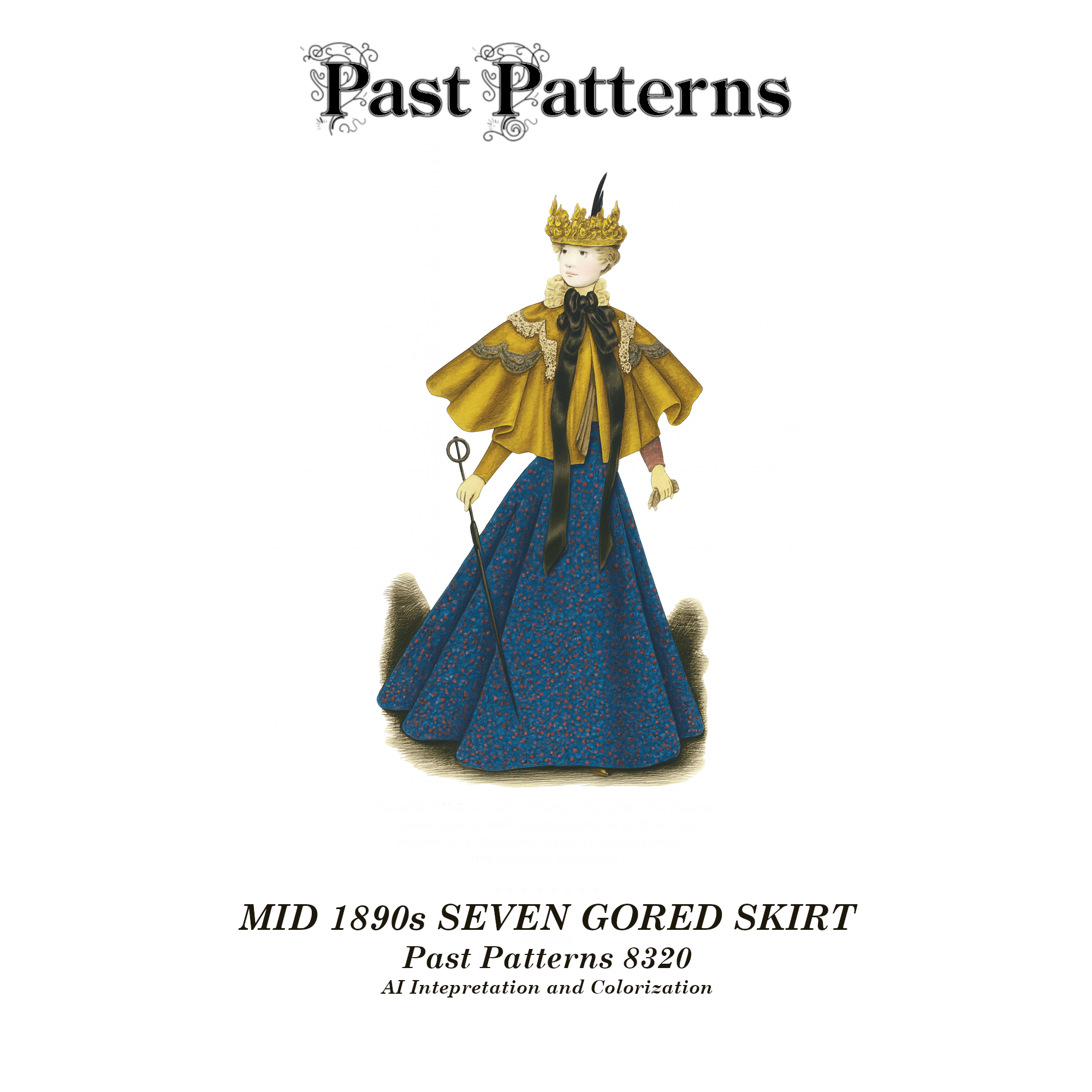 AI colorized line art of the Mid 1890s Seven Gored Skirt Sewing Pattern, based on the original Butterick cover illustration, showing the full-length Consuelo skirt with flared hem and pleated detailing.