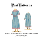 Early 20th Century Bungalow Apron Sewing Pattern | Past Patterns 8607 Colorized artwork for Early 20th Century Bungalow Apron Sewing Pattern showing 1919 one-seam sleeve apron with optional belt and back closure in period gingham fabric.