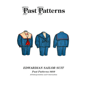 Edwardian Sailor Suit Sewing Pattern cover for Past Patterns 8609 showing boys blouse with sailor collar and matching trousers
