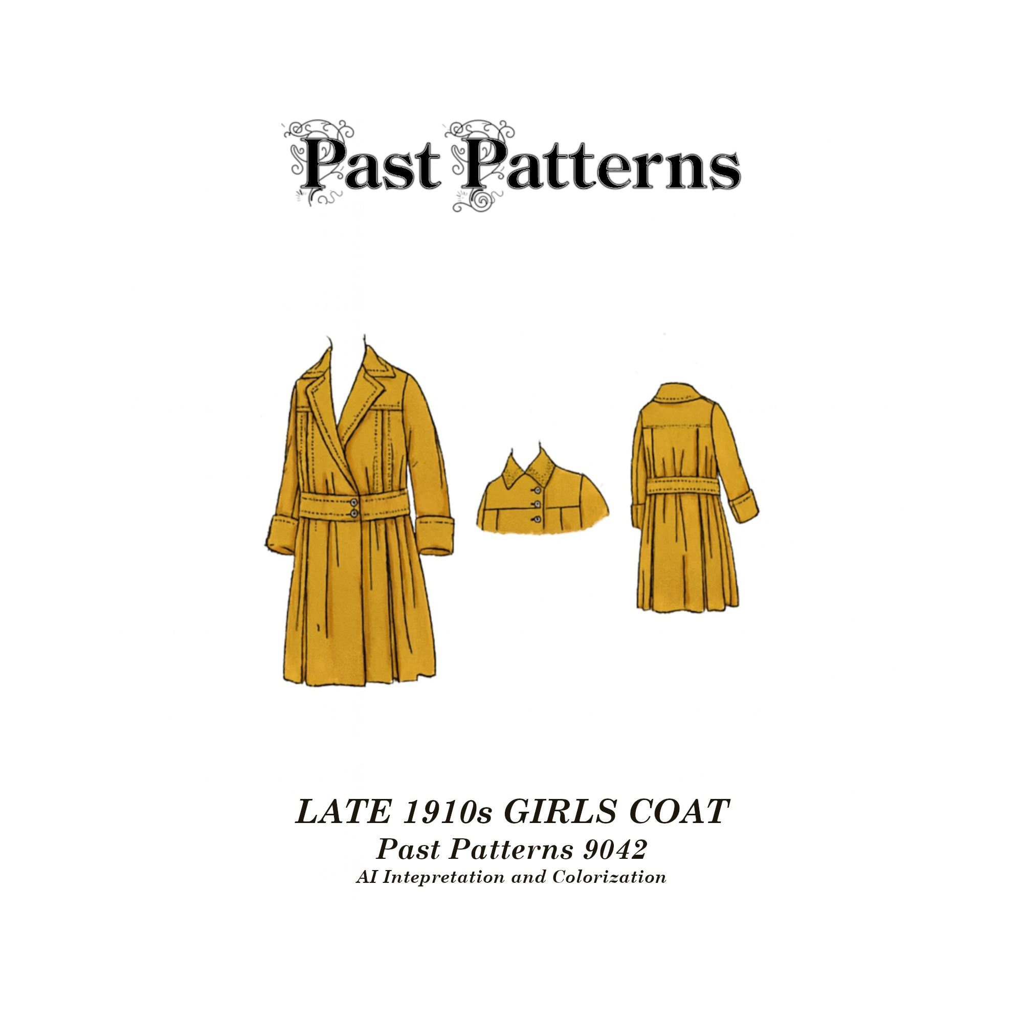 Colorized line art of the Late 1910s Girls Coat Sewing Pattern cover, showing a 10-year-old girl’s coat with square yoke, inverted plaits, and optional cuffs.