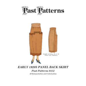 Early 1920s Panel Back Skirt Sewing Pattern by Past Patterns shown in original McCall style artwork with slim skirt silhouette and pocket effect