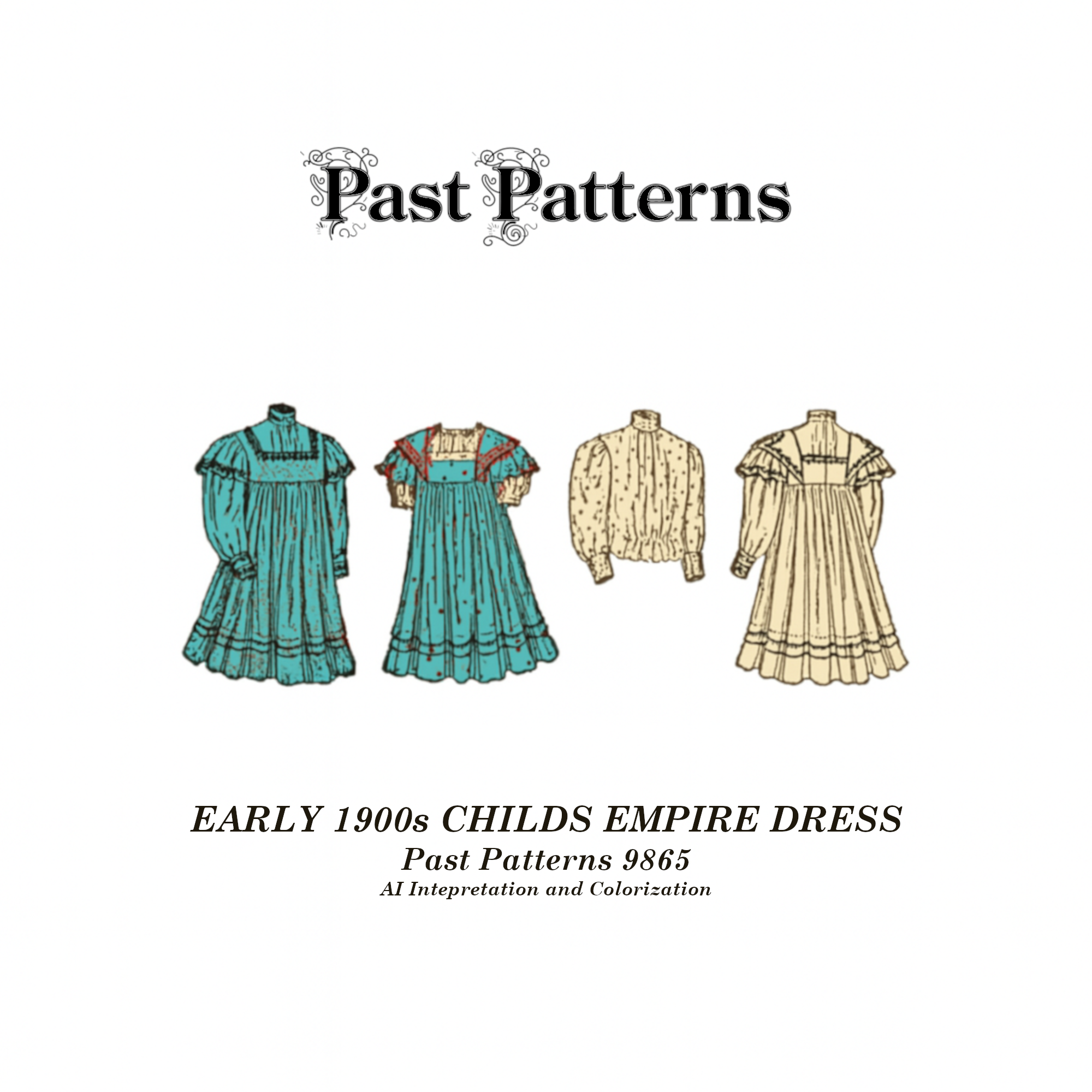 Colorized illustration of the Early 1900s Childs Empire Dress Sewing Pattern 9865, based on original Butterick artwork from 1907.
