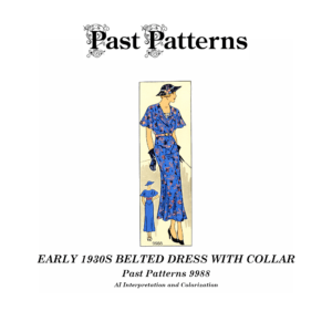 Early 1930s Belted Dress with Collar Sewing Pattern by Marian Martin showing cape collar and belted waist silhouette