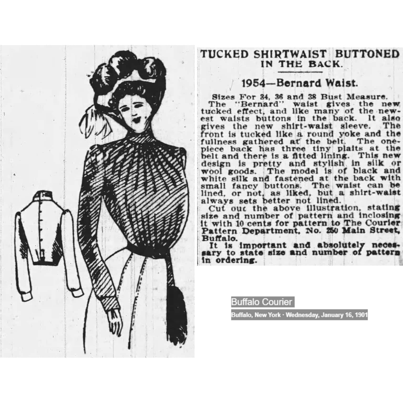 Late 1890s Bernard Waist Sewing Pattern Bust 36 B 36 Demorest Ledger  Pattern Co Reproduction, 1954B