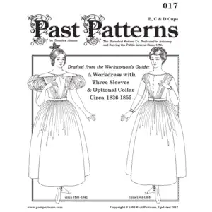1830s Workdress Sewing Pattern showing two period-accurate styles - 1836-1842 version with full sleeves and 1843-1855 version with long tapered sleeves, both featuring drop shoulders and gathered skirts.