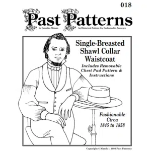 Mid-19th Century Single-Breasted Summer Waistcoat Sewing Pattern featuring shawl collar design authentic to 1850s-1860s period from Past Patterns