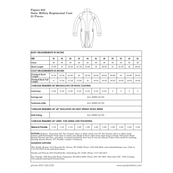 Early 1800s State Militia Regimental Coat Sewing Pattern - US Military Reproduction | Chest Sizes 36-56 | Past Patterns 0042 - Image 2