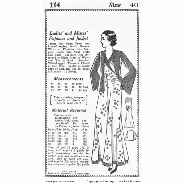 Early 1930s Beach Pajamas Sewing Pattern Bust 40 B40 Past Patterns