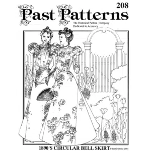 Line drawing of 1890s Circular Bell Skirt Sewing Pattern showing five-panel construction with back pleats – Past Patterns 0208