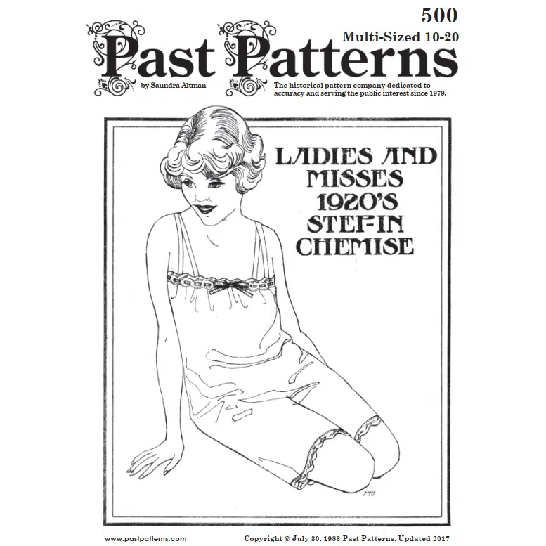 1920s Step-In Underwear Sewing Pattern – Past Patterns 0500 cover art featuring flapper-era chemise design