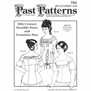 Original cover artwork for the 19th Century Stays Downloads by Past Patterns, showing gestation and nursing stay styles based on 1820s–1870s undergarments.