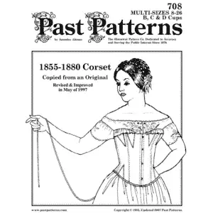 Illustration of completed corset made using the 1850s Corset Sewing Pattern by Past Patterns, sized 08–26 with period-accurate bust and hip gores.