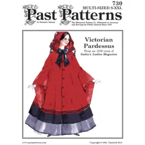 Late 1850s Pardessus Sewing Pattern colorized reproduction of original instruction cover showing Victorian hooded cloak from Godey’s 1859 design