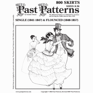 Past Patterns 0800, 1840s Skirt Downloads cover art, digital PDF sewing pattern with single and flounced skirt variations, sized 08–26, mid-19th century style.