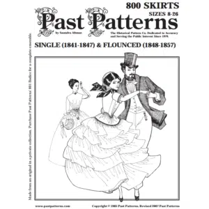 Past Patterns 0800, 1840s Skirt Downloads cover art, digital PDF sewing pattern with single and flounced skirt variations, sized 08–26, mid-19th century style.