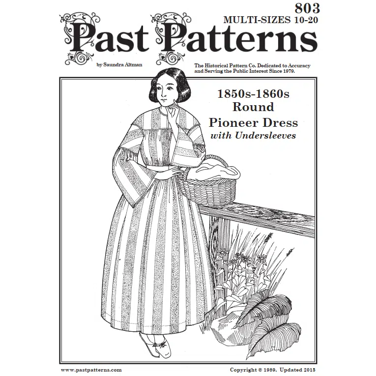 1850s Round Dress Downloads by Past Patterns showing printable mid-century work dress with undersleeves and full gathered skirt