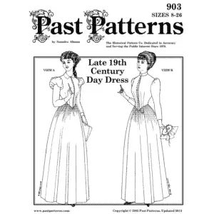 1890s Day Dress Sewing Pattern showing front-button gown with pointed waistband and modified sleeve, Past Patterns 903
