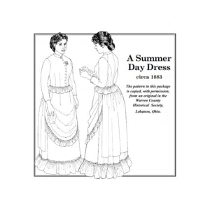 Front cover illustration for the Early 1880s Three Piece Dress Sewing Pattern by Past Patterns, featuring bodice, skirt, and overskirt designs inspired by 1883 fashion, based on a garment from the Warren County Historical Society.