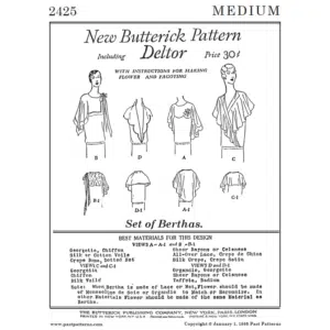 Black and white reproduction of the original 1929 Butterick cover for the Late 1920s Berthas Downloads, Past Patterns 2425, showing elegant wide collars.