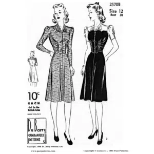 Past Patterns 2570B, Early 1940s Junior Miss Dress with Three-Piece Yoke Sewing Pattern, Du Barry design with scalloped yoke and WWII silhouette, Bust 30, one size only.