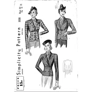Mid 1930s Womens Fitted Jacket Downloads — black-and-white reproduction of the original cover art showing a hip-length 1930s fitted jacket with sharp notched collar and defined waist shaping.