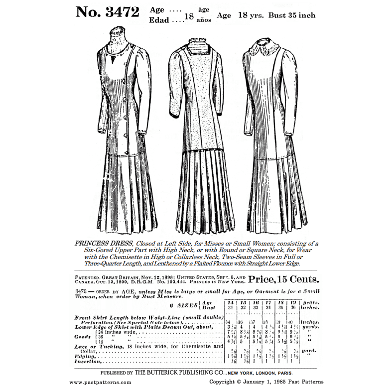 Early 1910s Princess Dress Sewing Pattern Bust 35 B35 Butterick