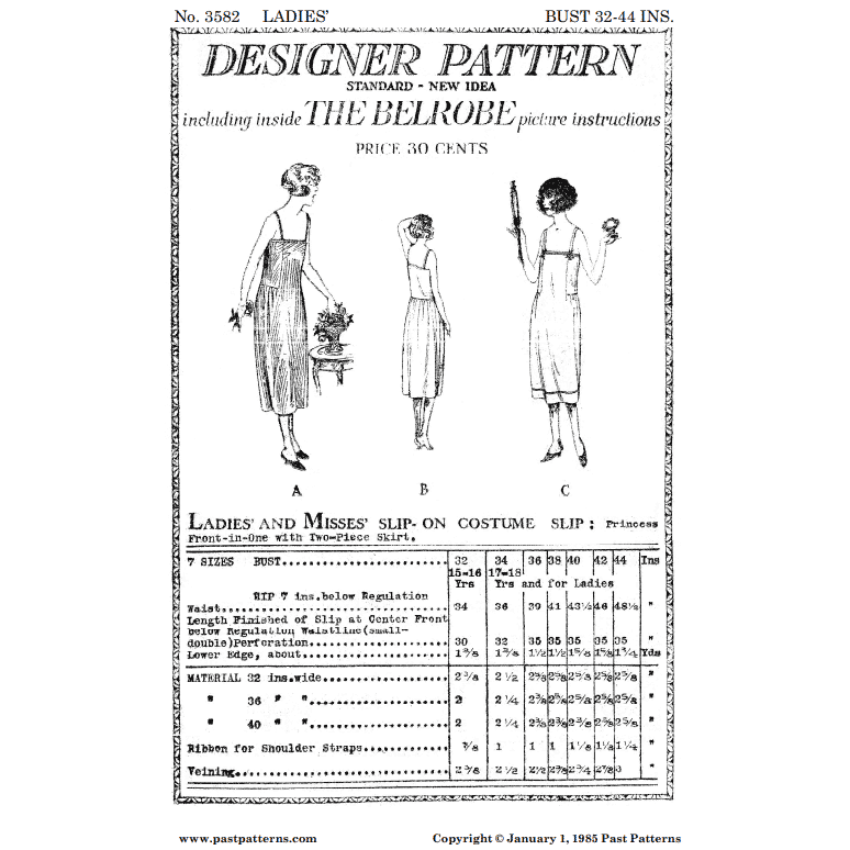 1920s Slip-On Costume Slip Sewing Pattern bust size 32-44 Designer  Publishing Company reproduction | 3582 | Past Patterns