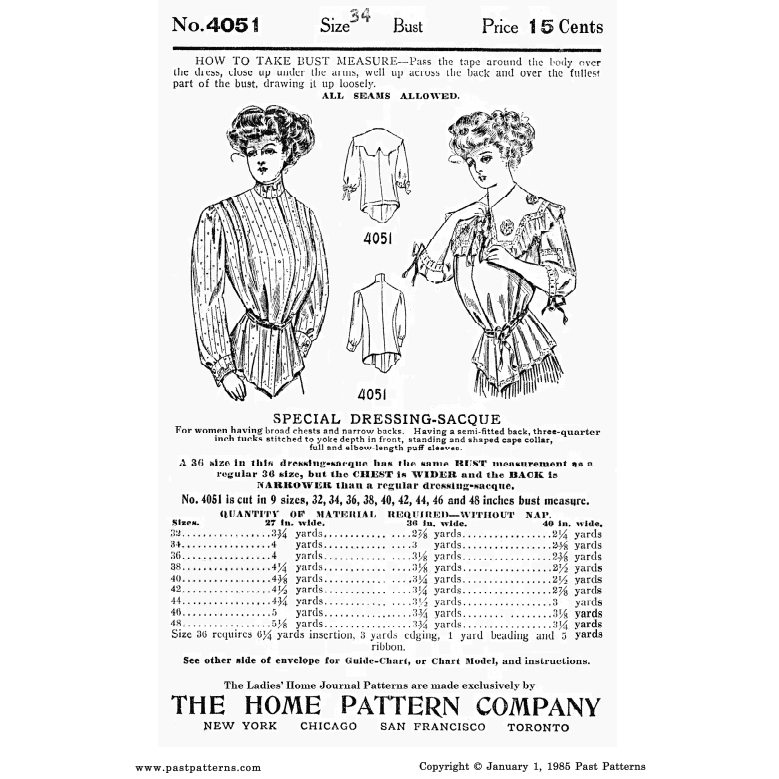 Edwardian Dressing Sacque Sewing Pattern Bust 34 B34 Ladies' Home ...