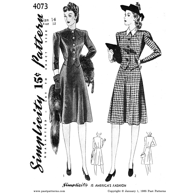 Early 1940s Two-Piece Dress Sewing Pattern Bust 32 B 32 Simplicity Pattern  Co Reproduction, 4073