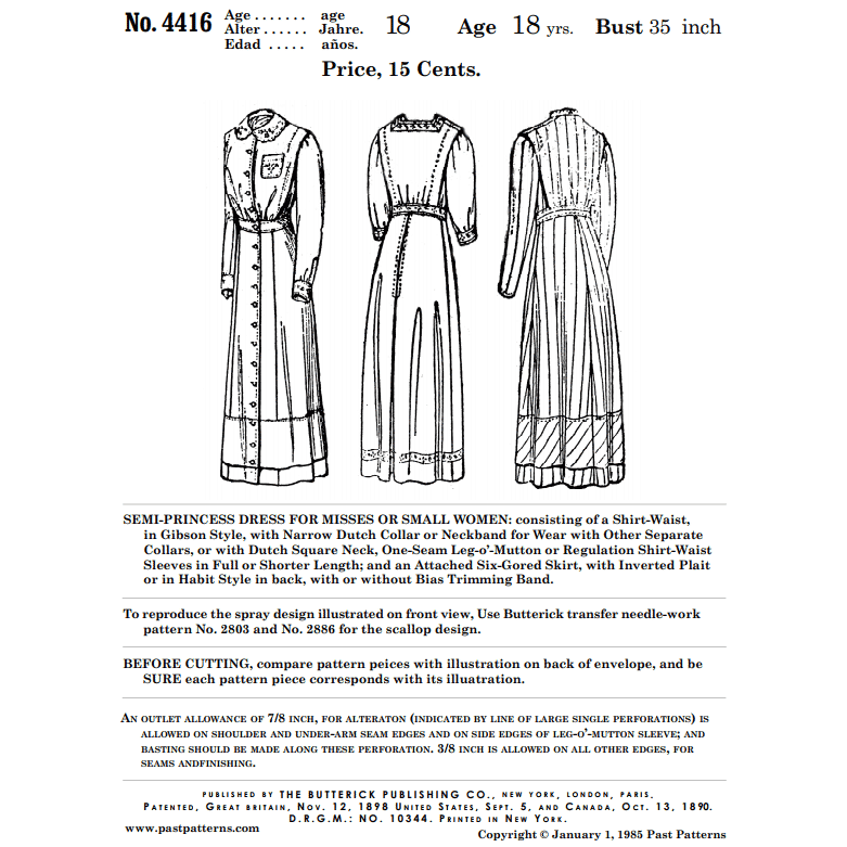 1890s Semi-Princess Dress Sewing Pattern Bust 35 B35 Butterick Publishing  Co Reproduction, 4416