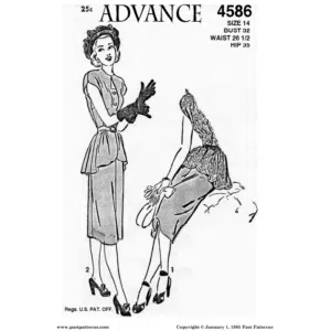 Black and white reproduction of the original envelope for the Late 1940s Two-Piece Dress with Peplum Downloads showing fitted blouse, cap sleeves, belt, and peplum over a straight skirt.