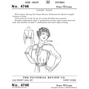 Black and white reproduction of Early 1910s Ladies Waist Sewing Pattern, Pictorial Review 1913 design with front-closing blouse and sleeve variations.