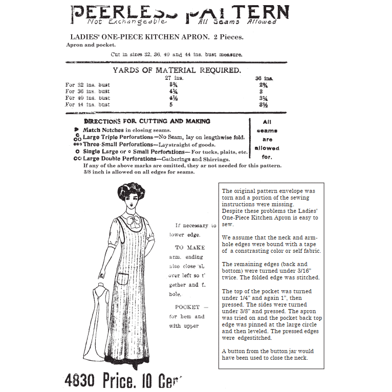 1910s One-Piece Kitchen Apron Sewing Bust 36 B36 Pattern Peerless