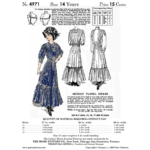 Early 1910s Misses Panel Dress Downloads | Past Patterns 4971 Early 1910s Misses Panel Dress Downloads – illustrated cover showing Home Pattern Company design for age 14 with Edwardian line art and material requirements chart