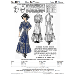 Early 1910s Misses Panel Dress Downloads – illustrated cover showing Home Pattern Company design for age 14 with Edwardian line art and material requirements chart