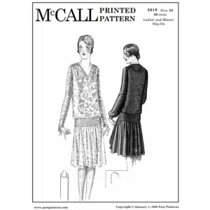 Black and white cover reproduction of Late 1920s V-neck Long-Waisted Dress Downloads McCall 5019 showing V-neck bodice, low waist seam, and gathered shoulder detail.