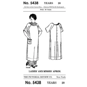 Black and white reproduction of the original 1915 cover for Edwardian Ladies Apron Downloads, featuring front and back views of the full-length apron with raglan sleeves and pocket detail.