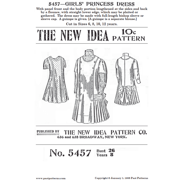 Early 1910s Girls Princess Dress Sewing Pattern for 8 Year Old New Idea  Pattern Co reproduction | 5457 | Past Patterns
