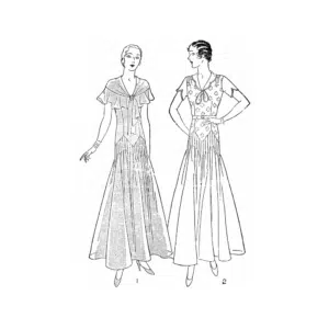 Early 1930s Dress with Long Flared Skirt Sewing Pattern #5608 featuring Bertha ruffle, tucked skirt, and fitted bodice for 34" bust by Past Patterns
