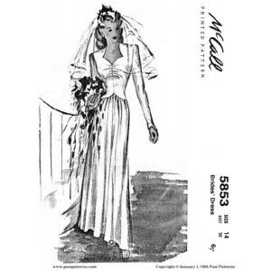 Black and white reproduction of the original 1944 McCall’s front cover artwork for the 1940s Semi-Formal Brides Dress Downloads.