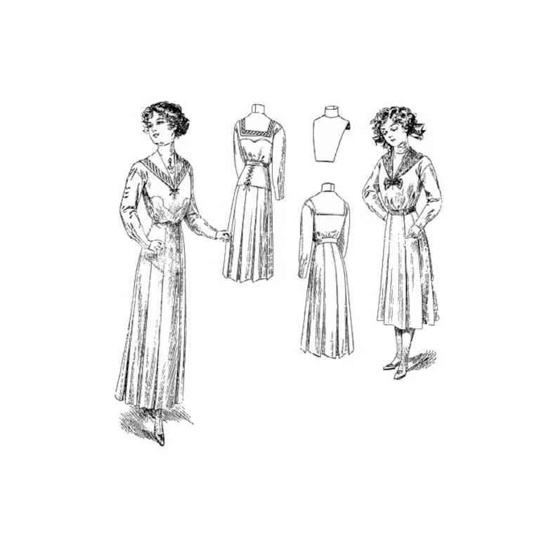 Black-and-white reproduction of the original 1910s Misses Sailor Suit Downloads cover, showing an Edwardian young woman in a sailor blouse with collar, tie, and long sleeves, paired with a gored skirt from mid-1910s fashion.